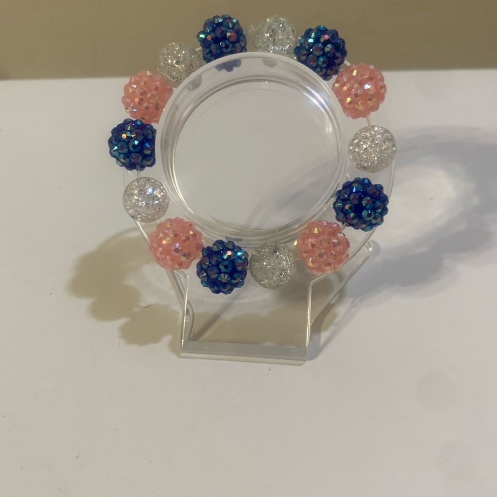 Pink, white and blue beaded charm glittery bracelets